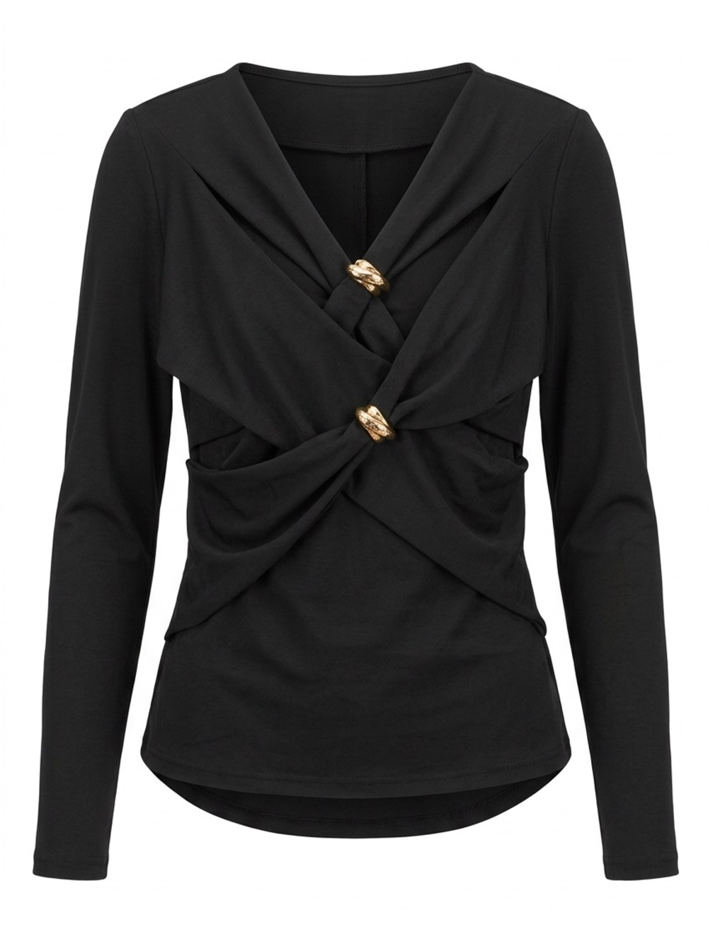 Black Long Sleeve Twist Front Top with Gold Rings